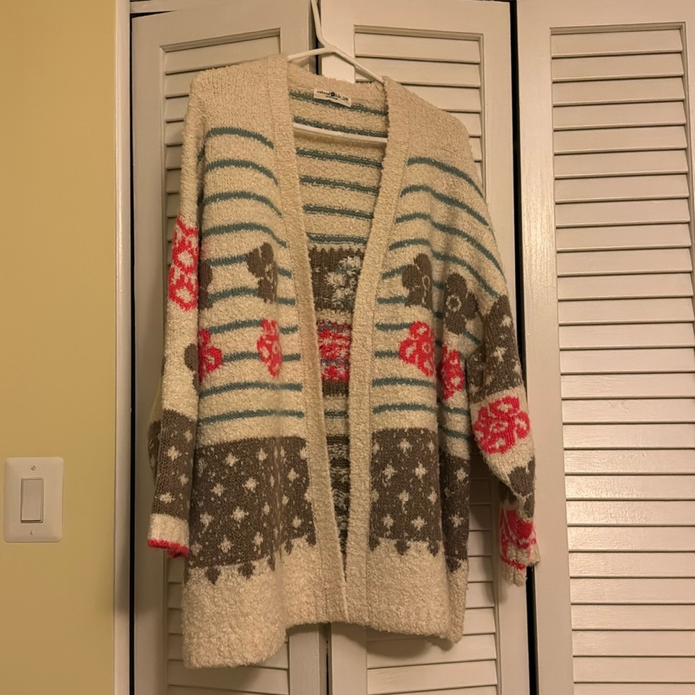 NATURAL LIFE Cream and Brown Cardigan with Red Accents